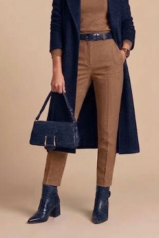 Women's navy blue back-buckle ankle boots with pointed toe and mid block heel - Top view
